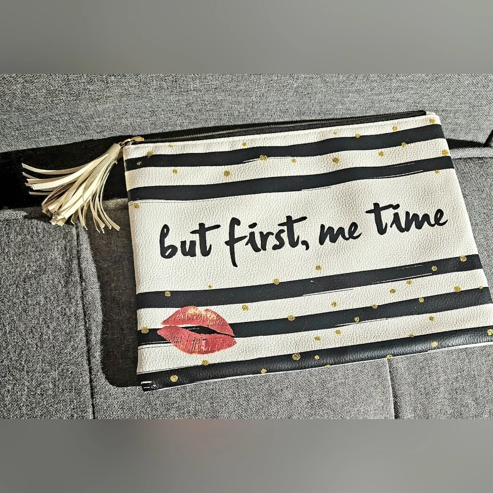 But first Me time black and white pin striped with kiss laege makeup pouch